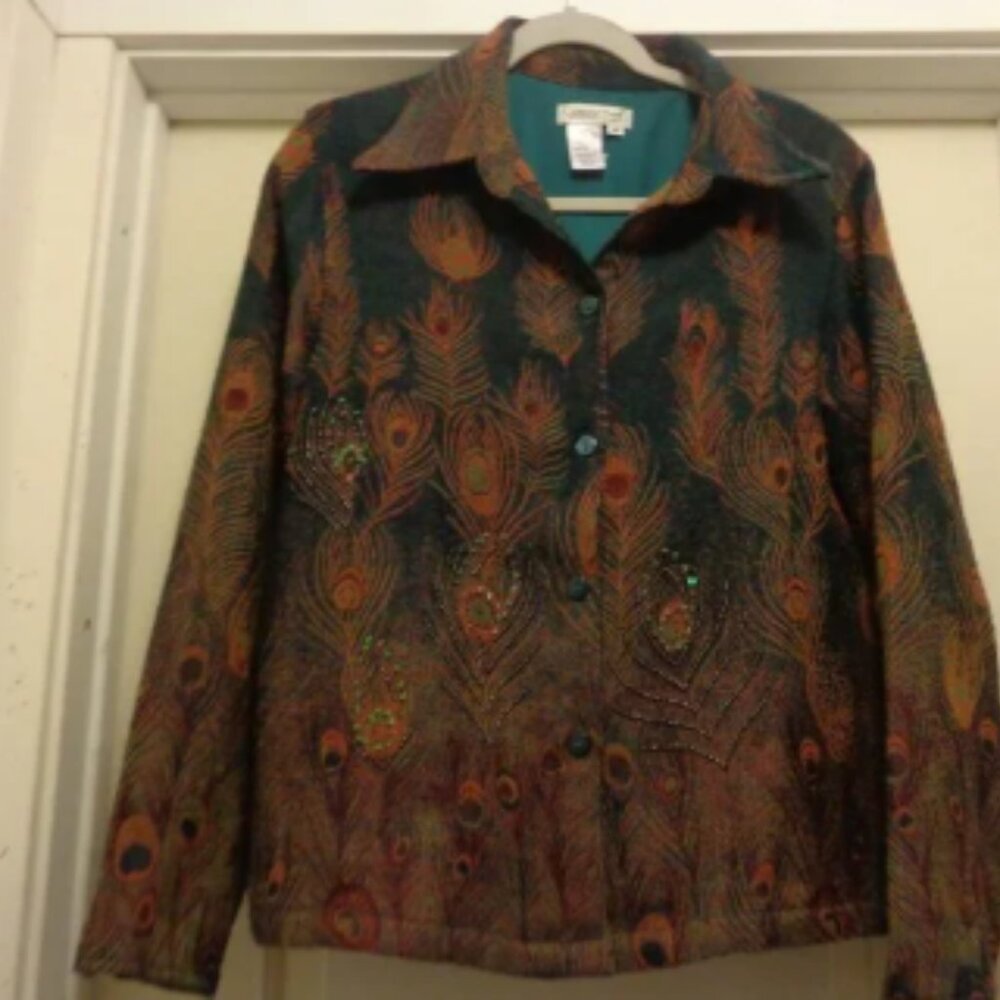 RETRO COQUETTE GIRL PEACOCK BLING LITTLE WOOL JACKET BY COLDWATER CREEK M